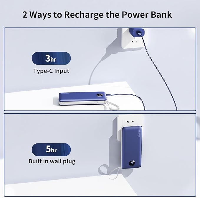 Portable Charger 10000mAh 22.5W Power Bank,Built-in 3 Cables & AC Wall Plug | Fast Charging, 0.68in Ultra Slim,Charge 5 Devices,TSA Approved Travel Essential Battery Pack for iPhone/Samsung/Android - Image 5