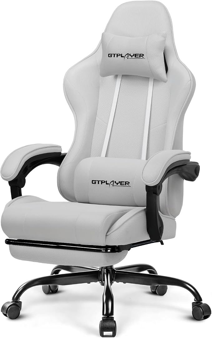 GTPLAYER Gaming Chair, Computer Chair with Footrest and Lumbar Support, Height Adjustable Game Chair with 360°-Swivel Seat and Headrest and for Office or Gaming (All Light Gray-Fabric) by GTPLAYER