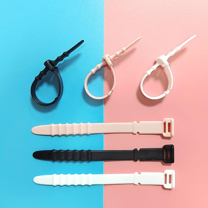Silicone Zip Ties, Reusable Zip Ties, 20pcs Rubber Cable Ties Straps for Wire Management, Elastic Cable Organizer for Home Office Table Desk. 4.5” Cord Ties in White, Black, Pink, Purple and Blue - Image 3
