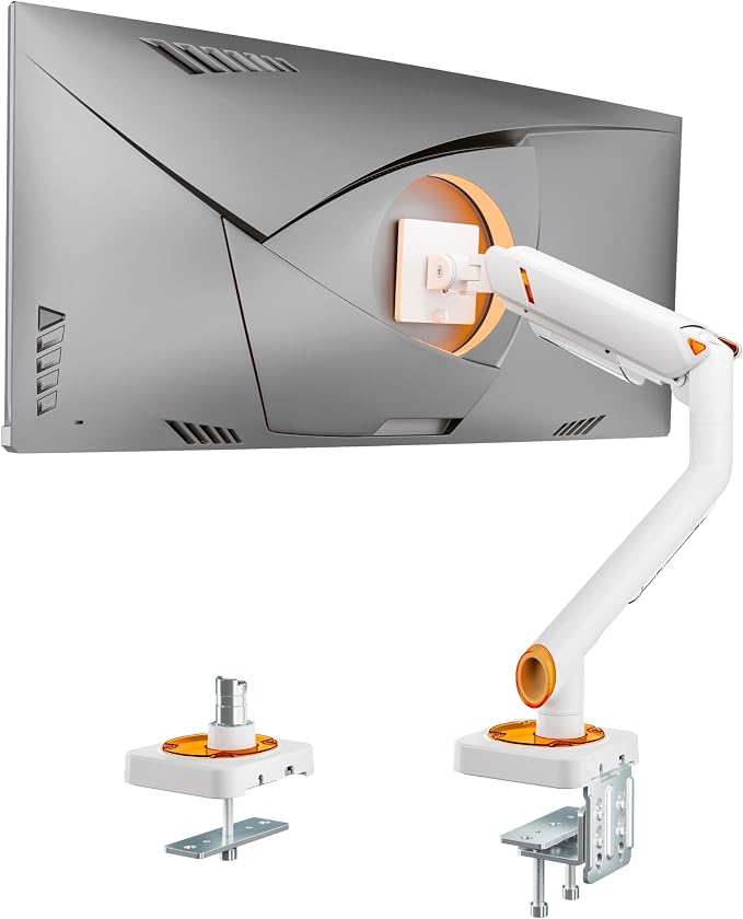 ARES WING 17-49 Inch Monitor Arm Ultrawide Single Monitor Mount, White | Heavy Duty Mechanical Spring Monitor Stand Adjustable Arms Holds up to 44lbs, 75/100 VESA Mount with Clamp/Grommet Base by ARESWING