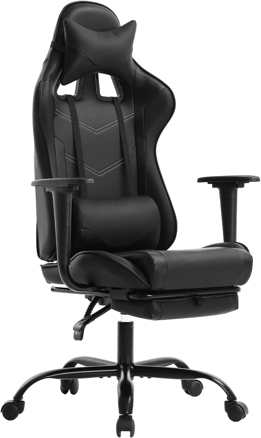 BestOffice | Ergonomic Gaming Chair | Dark Black | Reclining Computer Chair with Lumbar Support, Headrest Pillow, Adjustable Footrests | 360 Swivel with Heavy Duty Wheels | for Home & Office by BestOffice