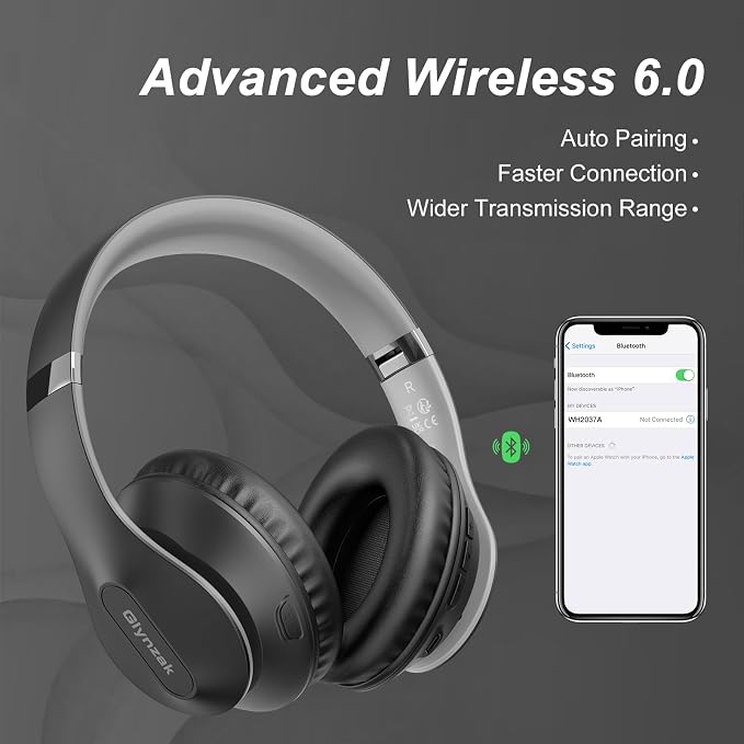 Wireless Bluetooth Headphones Over Ear V6.0 HiFi Stereo with Mic | 65H Playtime 6EQ Modes Foldable Bluetooth Headset with Microphone for Travel Smartphone Computer Laptop Grey - Image 6