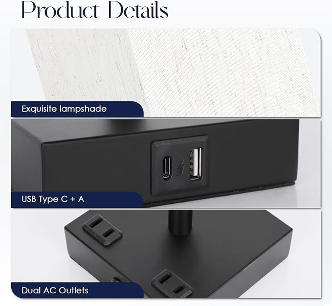 Bedside Table Lamps Set of 2 - Touch Nightstand Lamp for Bedroom with USB C+A Charging Ports & AC Outlets, 3-Way Dimmable Desk Lamp Flaxen Fabric Shade for Living Room Office(Bulb Included) - Image 5