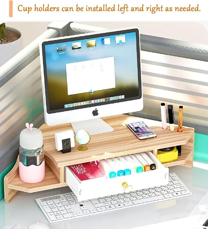 Triangle Monitor Stand Riser,Cut Triangle Save Space Desktop Corner,Desktop corner shelf with drawers wooden computer stand with storage laptop risers office organization. (Have drawers) - Image 3