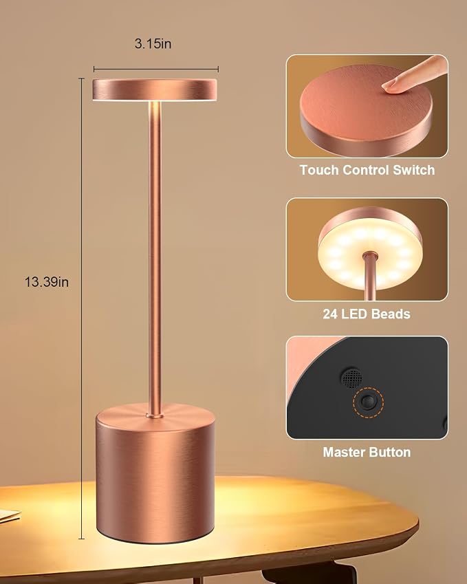 Swinerton Cordless Table Lamps Rechargeable, Portable LED Desk Lamp, 5000mAh Battery Powered Wireless Table Light - 3 Color Dimmable Lighting for Restaurant Dining Patio Outdoor Bedroom(Rose Gold) - Image 7
