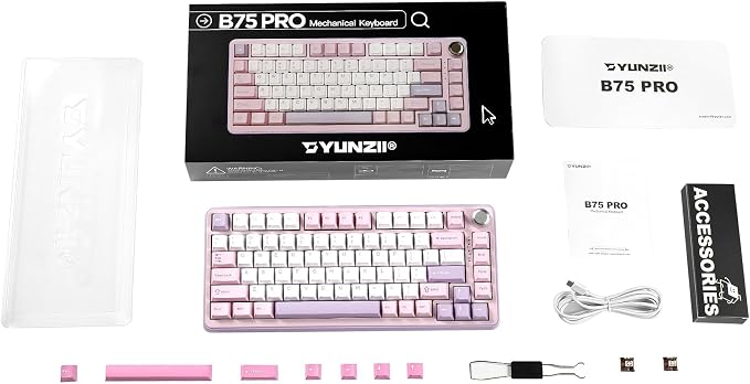 YUNZII B75 PRO 75% Wireless Mechanical Keyboard (Purple, Cocoa Cream V2) | Hot Swap Keyboard with Knob, Gasket Mount, Creamy Pre-lubed Switch for Smooth Typing, BT/USB-C/2.4G, for Gaming - Image 9