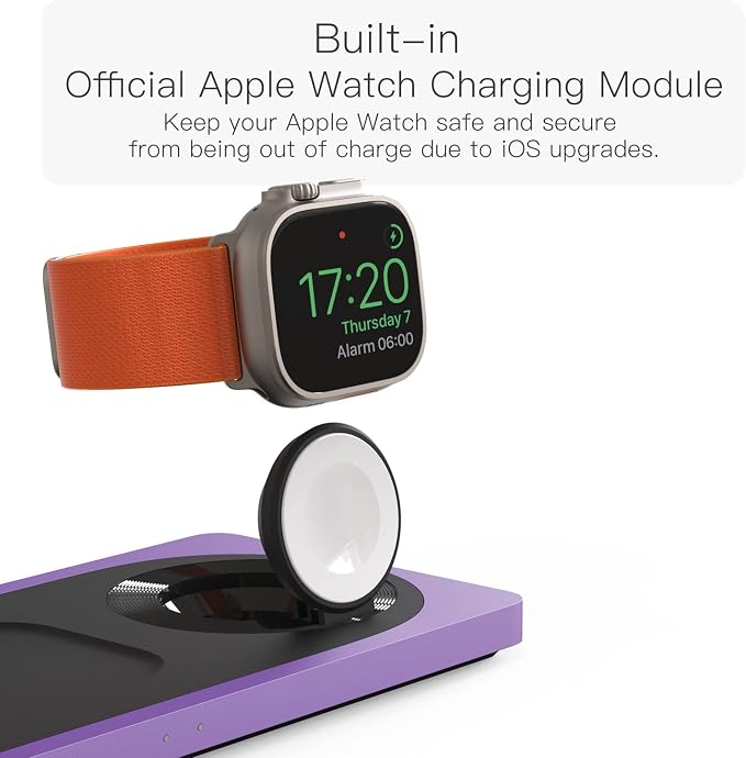 Mag-Safe Charger Stand, 3-in-1 Magnetic Wireless Charging Station for Apple Devices, iPhone 15/14/13/12 Series, Apple Watch, AirPods Pro (Purple) | For iPhone 17/Air/16/15/14/13/12, AirPods & Apple Watch, Foldable Portable Aluminum Charging Stand, Adap... - Image 4