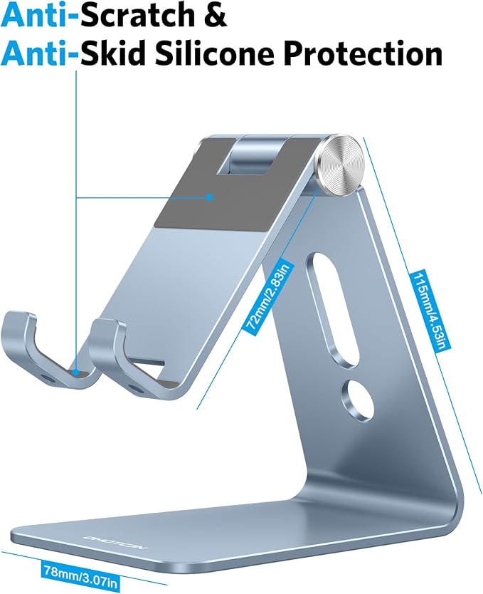 OMOTON Adjustable Cell Phone Stand, Aluminum Desktop Cellphone Stand with Anti-Slip Base and Convenient Charging Port, Fits All Smart Phones, Light Blue - Image 3
