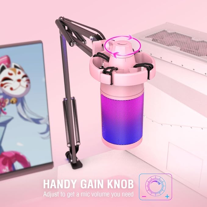 FIFINE A6T Pink Gaming USB Condenser Microphone Kit for Podcast Streaming | Mute Button, RGB Indicator, Gain Control, Boom Arm & Pop Filter, for PC/PS5/Mac Streaming Discord Twitch Podcasts - Image 4