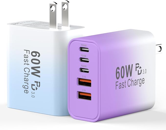 USB C Fast Charger Block, 60W Phone USB C Wall Charging Blocks, Type C Charger Fast Charging Brick, 5Port Multiport Charger Plug Power Adapter for Phone 17/16/15/14/13 Pro Max, Pad, Galaxy S25-2Pack by Duloch
