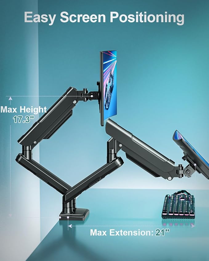 Dual Monitor Desk Mount, 13-32 inch Adjustable Full Motion Monitor Arm, Computer Display Stand Holder with Clamp and Grommet Base, Fits 4.4 to 22lbs Screens, VESA Mount Bracket, Black, Freelift Pro - Image 6