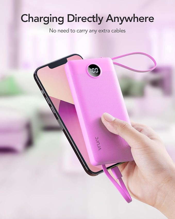 VRURC Portable Charger Power Bank, Built-in 4 Cables & 2 Ports 10000mAh | LED Display Slim Battery Pack,Compact Travel Essential Portable Phone Charger 5 Output for Multi Devices,Student/Teens(1Pack) - Image 8