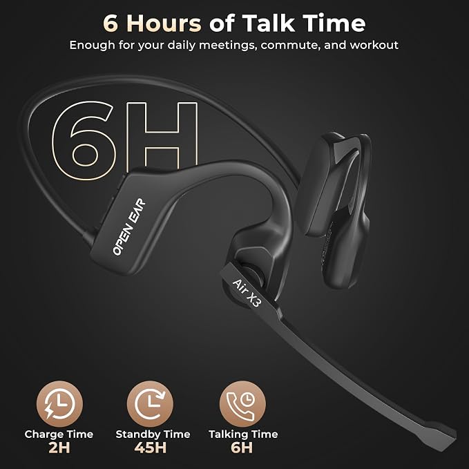 Air Conduction Open Ear Headphones with Mic, AI Noise Cancelling Bluetooth Headset, Dual Connect Wireless Headphones with Mute Button, 32g Lightweight for Work, Driving, Workout, Calls Black - Image 8