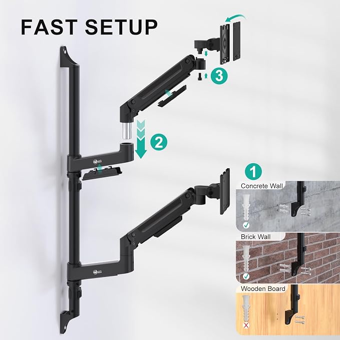 WALI Vertical Dual Monitor Wall Mount for 13-49 inch Screens, 44lbs per Arm | Heavy Duty Stacked Ultrawide Monitor Arm for Wall, Full Motion with Tilt, Swivel, Rotation, VESA 75/100mm (GSWM002-P), Black - Image 7