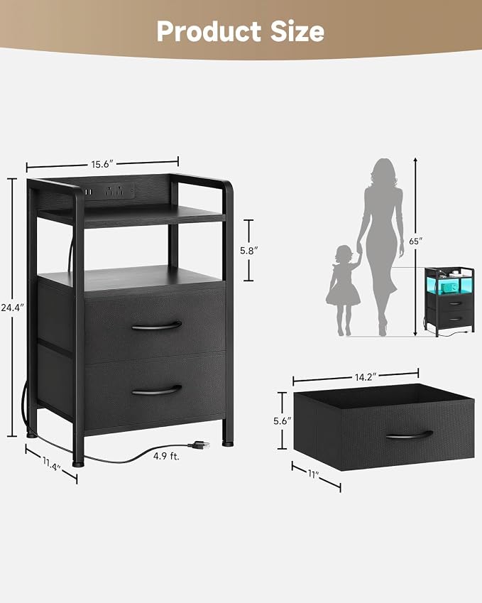 Lazzanto Nightstand with Rear Charging Station, LED Light, 2 Drawers, Black | Industrial Nightstand, 2 USB-A Ports & AC Outlets, Raised Back Guard, Fabric Storage Drawers, Bedside Table for Bedroom, Dorm - Image 3