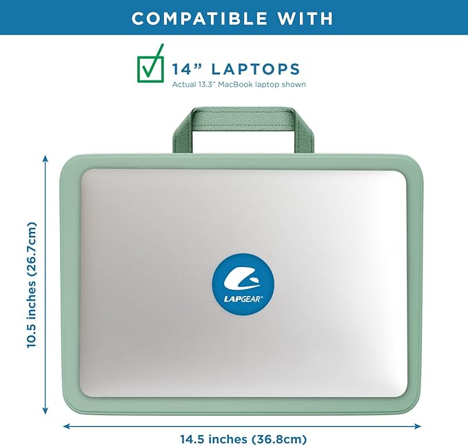 LAPGEAR Compact Lap Desk – Sage Green, Fits 14" Laptops | Microbead Cushion, Built-In Pencil Slot, Carry Handle, Fits Standard Letter-Size Paper (8.5" × 11") - Image 3