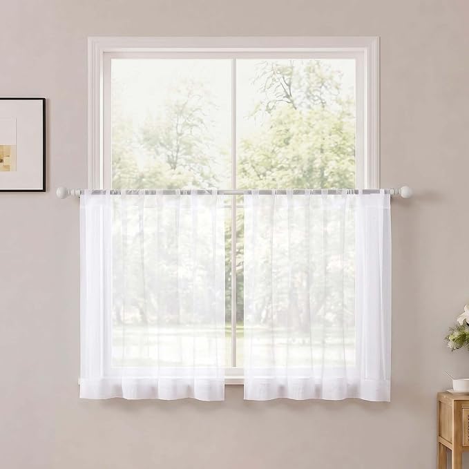 White Short Sheer Cafe Kitchen Curtains 36 Inch Length 2 Panels Set | Half Curtains for Living Room Bedroom Basement Bathroom Small window, Sheer curtain over sink, Rod Pocket, Each 42"W x 36"L by OWENIE