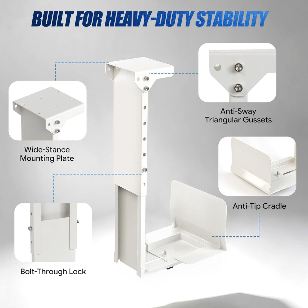 Heavy Duty Under Desk PC Mount & Full Tower PC Wall Mount - Adjustable Width 5.9" to 9.8", Height 12.5"-20" - Computer Tower Stand Under Desk & Standing Desk PC Mount, White - Image 7