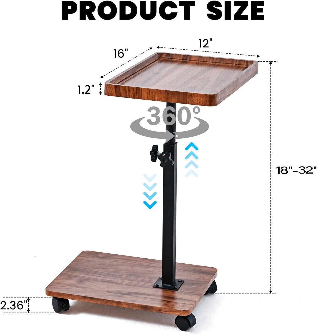 C Table End Table Adjustable Height,C Shaped End for Couch，Snack Tables,360°Swivel TV Tray Sofa Table,Tables that Slide Under,Coffee SideTable for Bed,Chair,Bath-tub,Outdoor(Walnut Color) - Image 2