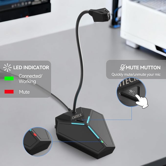 CMTECK USB Computer Microphone, Plug-and-Play, Studio-Quality for PC,Laptop | One-touch mute with LED indicator, noise-cancelling, 360° adjustable extra-long gooseneck desktop Mic. Works with Windows/Mac - Image 3