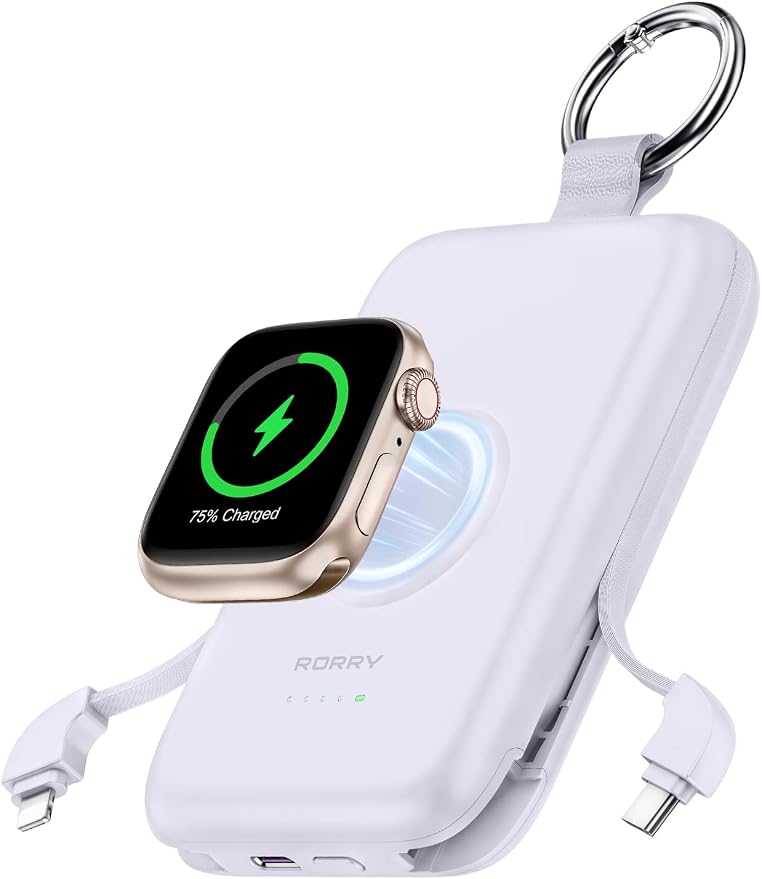 RORRY CharmGo Portable Charger, 10000mAh 20W Fast Charging Power Bank | Built-in Cables, Travel Keychain Battery Pack Essentions for Apple Watch 1~11 Series/Ultra/SE & iPhone Air/17/16/15/14/13/12 by RORRY