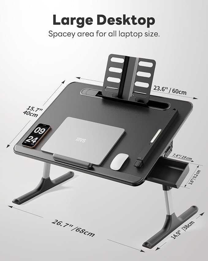 Laptop Table with LED Desk Light, SAIJI Laptop Stand for Bed | Height Adjustments Bed Desk with Book Stand for Reading Writing Drawing (Black) - Image 9