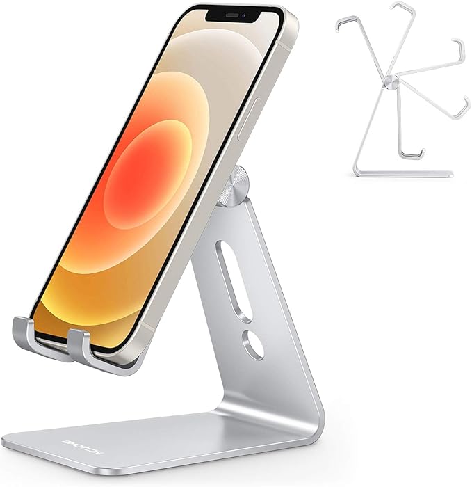 OMOTON C2 Adjustable Aluminum Cell Phone Stand with Charging Cutout, Silver | Sturdy 3mm Base with Non-Slip Silicone Pads, Multi-Angle, Works with 19mm Thick Cases Smartphones, Desktop Recording Facetime by OMOTON