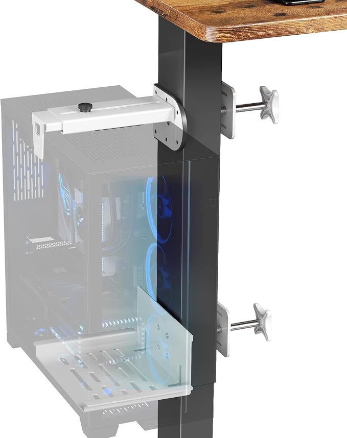JOY worker Under Desk PC Mount for Standing Desk, Clamp-On Leg CPU Holder | No Drilling, Clamp-On Desk Leg, White Adjustable Computer Tower Mount Holds Up to 44lbs, Under Desk PC Holder, Space Saving by JOYworker