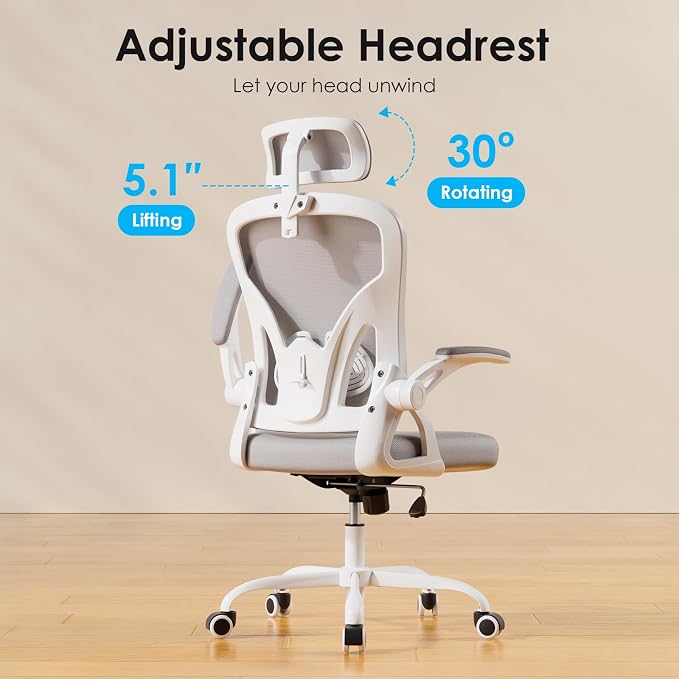 Farini Ergonomic Office Chairs with Headrest, Set of 4, White & Grey | High Back Swivel Computer Chair, Adjustable Armrests and Lumbar Support,Desk Chair for Home Office Bedroom - Image 4