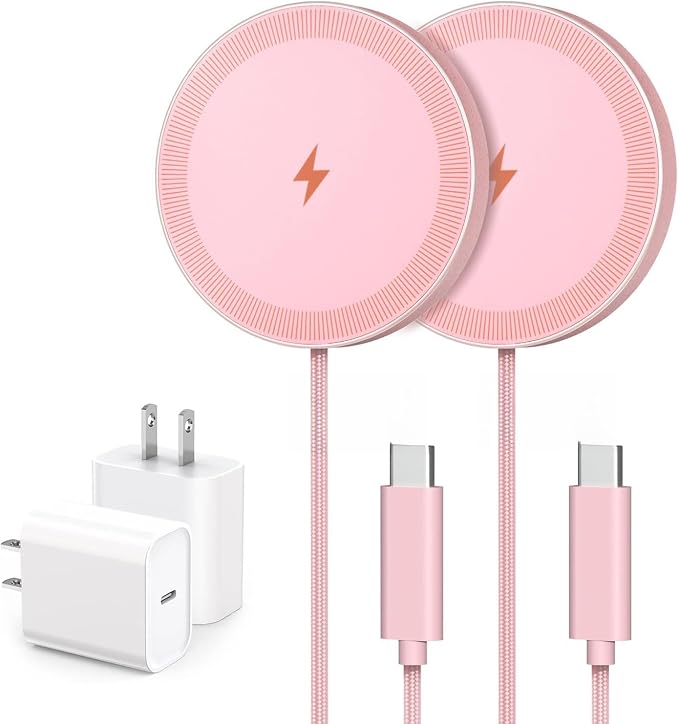 6FT Magnetic Wireless Charger Charging Pad - 15W Fast Phone Charger for Apple iPhone 17 16 15 14 13 12 Series & AirPods 4 3 2 Pro, Phone Charging Pad with Plug for Desk & Travel, 2Pack Pink by WAYLITEWirelessCharger
