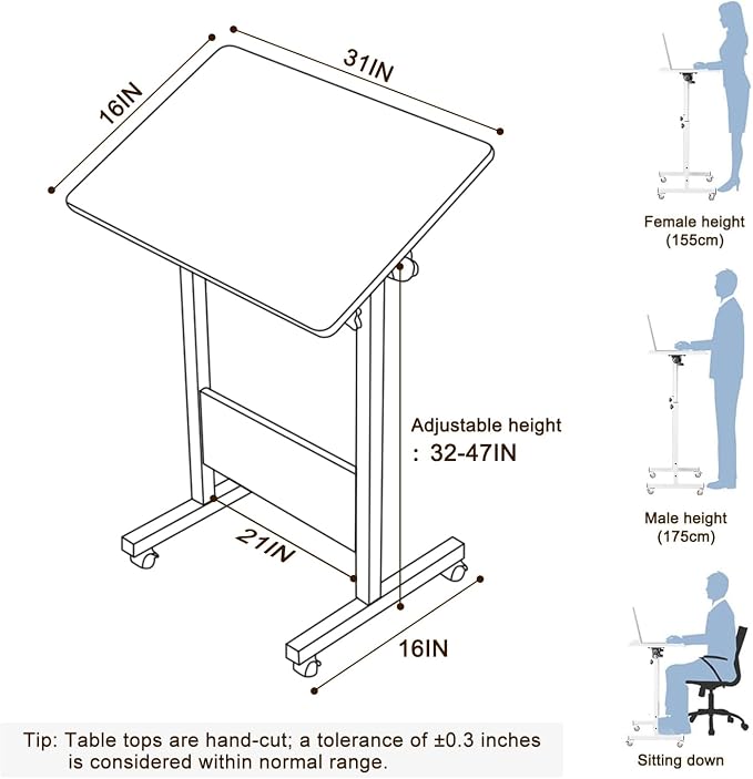 KOUPA 31 Inch Adjustable Height Flip Writable Standing Desk with Wheels | Writable Erasable Tempered Glass Desktop Mobile Desk With Eraser, for Home Office, Small Spaces, White, Height 32inch-47 inch - Image 2