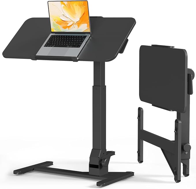 JOY worker Foldable Rolling Standing Desk, 180° Tilt Overbed Bedside Table | Height Adjustable, 31.5" Black MDF Top with Lips, Collapsible Top & Base for Storage, Poratble Mobile Desk for Home Hospital by JOYworker