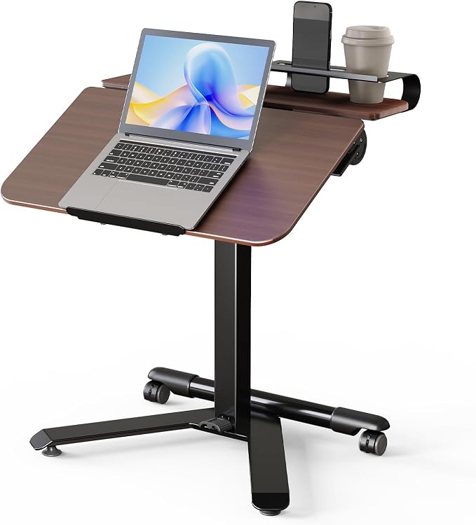 ROMOON Rolling Standing Desk with Wheels, Portable 24 inch Sit-Stand Laptop Cart with Tilt Top and Storage, Mobile Compact Workstation for Home Office and Small Spaces (Walnut) by ROMOON