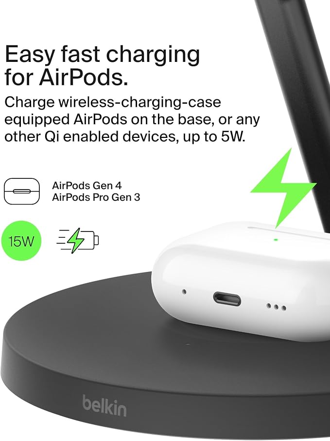 Belkin Qi2 15W Wireless Charging Station, 3 in 1 iPhone Charger | Fast Charging, MagSafe Compatible, iPhone 17/16/15, Apple Watch, AirPods, Travel Charger, Magnetic - Image 5