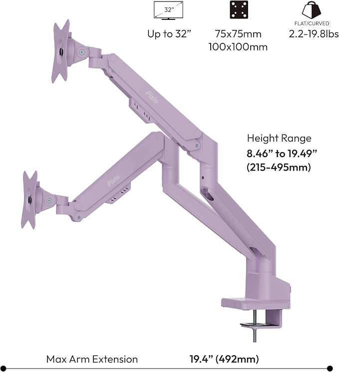 Pixio PS1D Wave Purple Dual Monitor Arm Stand Desk Mount - Fits up to 32 inches Monitors and up to 19.8lbs. VESA Compatibility and Integrated Cable Management - Image 4