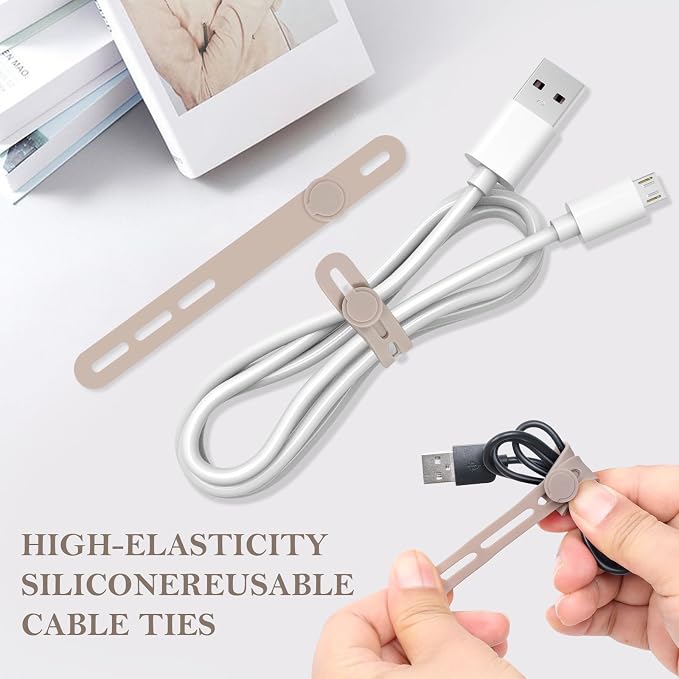 Donruby 30Pcs Silicone Cable Ties, Reusable Cord Organizer Straps, Khaki | Adjustable, Multipurpose, 4.7" High-Elasticity Cord Wraps for Bundling Electronics, Home Office School Essentials - Image 3