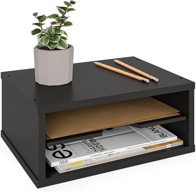 Ballucci File Organizer, 2-Tier Document Paper Sorter, Stackable Wood Desk Organizer Mail Holder, Monitor Stand with Storage Shelves, Black by Ballucci