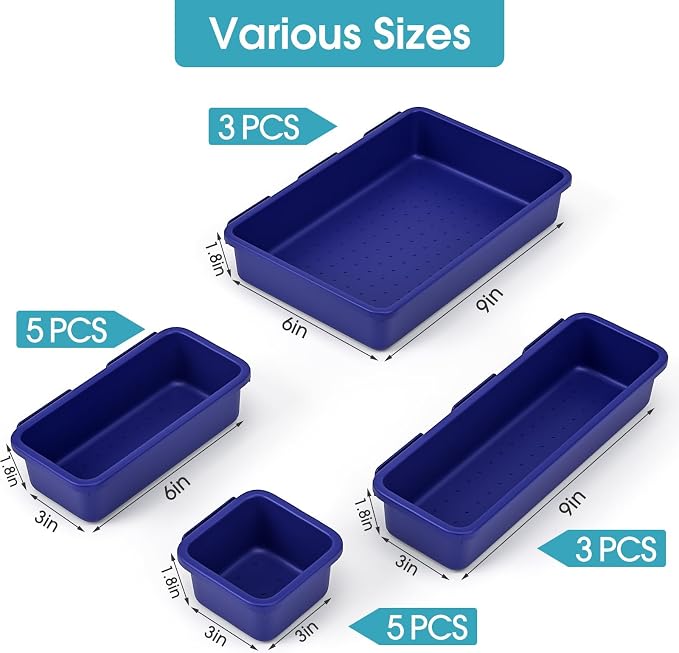 StoreHappily 16 PCS Drawer Organizer Set, 4 Size Makeup Drawer Divider Organizer With Non-Slip Pads, Interlocking Plastic Storage Bins for Office,Jewelry Vanity,Gadgets, Bathroom,Kitchen, Navy - Image 2
