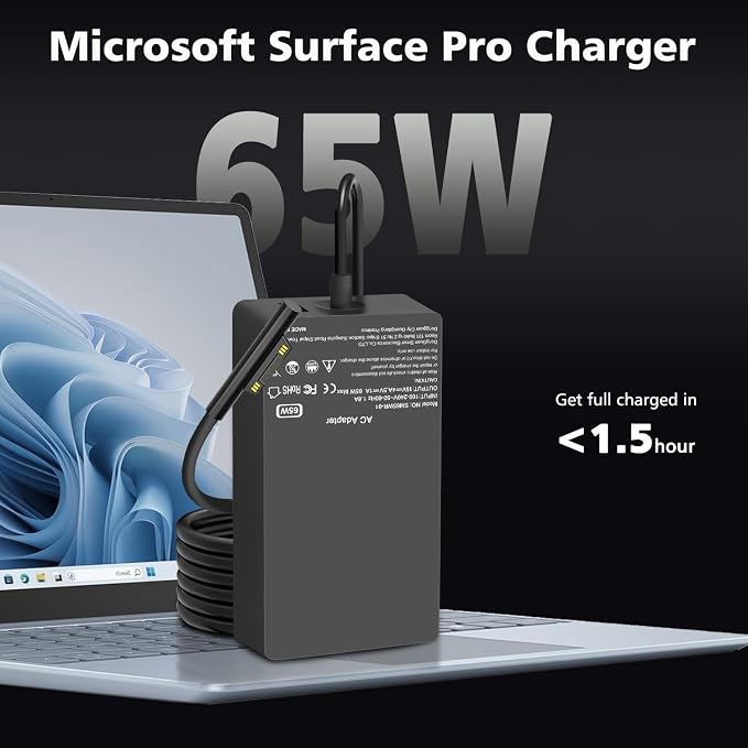 65W Surface Pro Laptop Charger Compatible with Microsoft Surface Pro 11 10, 9, 8, X, 7+, 7, 6, 5, 4, 3, Magnetic Surface Connector, Support 65W, 44W, 36W, with USB Port - Image 2