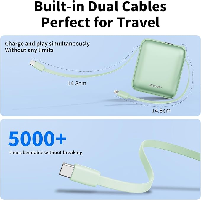 Hichain Portable Charger with Dual Built-in Cables 10000mAh Small Power Bank 22.5W Fast Charging Mini Powerbank LED Display Travel Essential Battery Pack for iPhone 17 16 15 14 13 All Series Green - Image 5