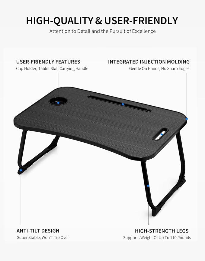 ZEAPTAC Laptop Bed Desk, Foldable Lap Desk, Portable Lap Table, Laptop Stand with Cup Holder, Tablet Slot & Lifting Handle for Work, Write, Draw & Eat on Bed, Sofa or Couch - Black - Image 5