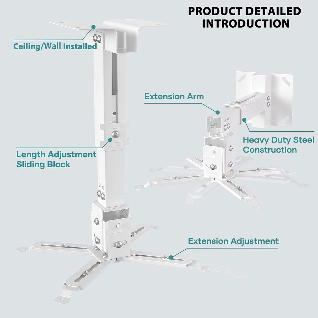 Wall/Ceiling Projector Mount with Extension Pole, Universal 3-in-1 Bracket - Image 6