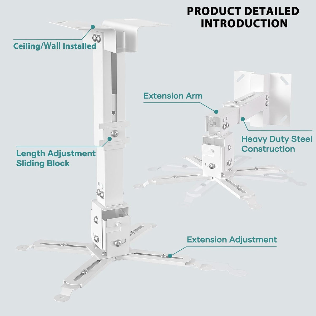 Wall/Ceiling Projector Mount with Extension Pole, Universal 3-in-1 Bracket - Image 6