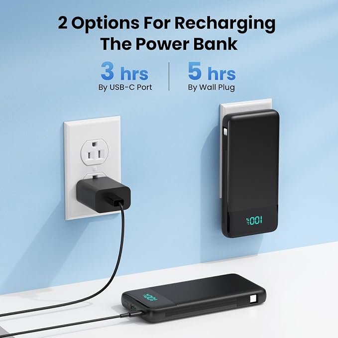 Portable Charger Power Bank for iPhone with Built-in Cables and AC Wall Plug, 13800mAh Ultra Slim Travel Essentials,USB C Fast Charging External Battery Pack for iPhone 17/16/15/13,Galaxy,Android etc - Image 3