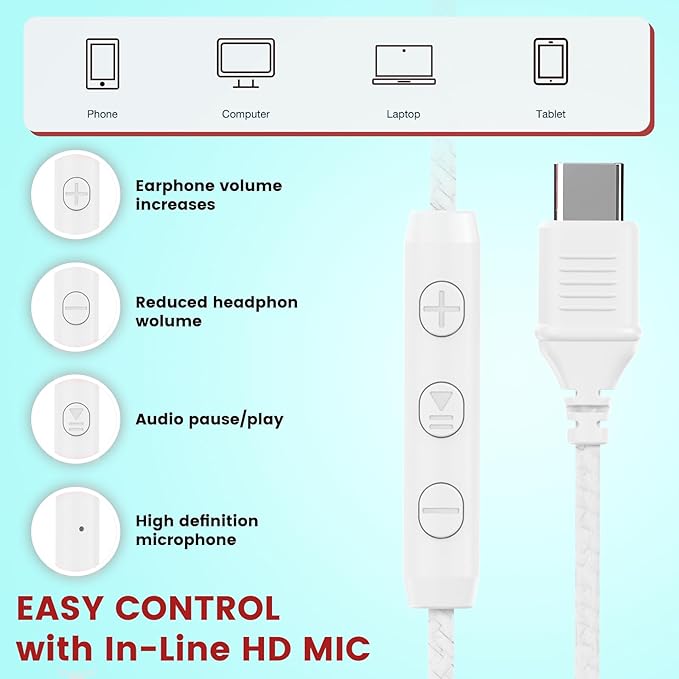 Cowyawn USB C Headphones Wired, Over Ear USB C Wired Headphones with Microphone, Volume Control, HD Stereo Sound, Foldable USB Type C Headphone for Adult/Teens/Laptop/Computer/iPhone 15/16/17, White - Image 5