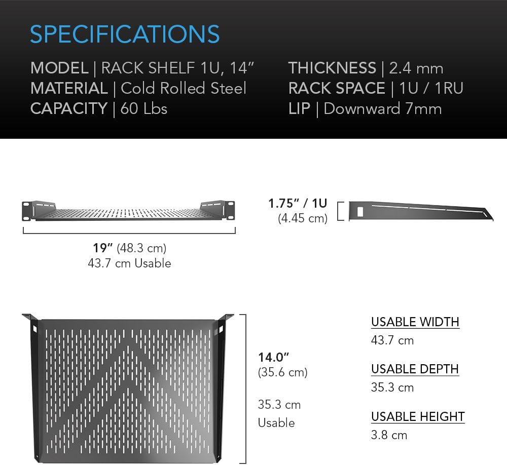 AC Infinity Vented Rack Shelf 1U, 14" Deep for 19" Server, AV Racks - Image 2