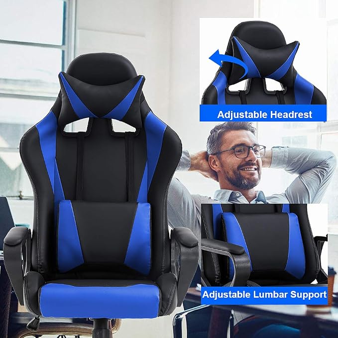 BestOffice Gaming Chair | Blue | Desk Chair with Adjustable Lumbar Support | Headrest Pillow | Ergonomic Racing Style Seat with Recline, Swivel Base & Rolling Wheels | For Gamers, Home, Office - Image 5