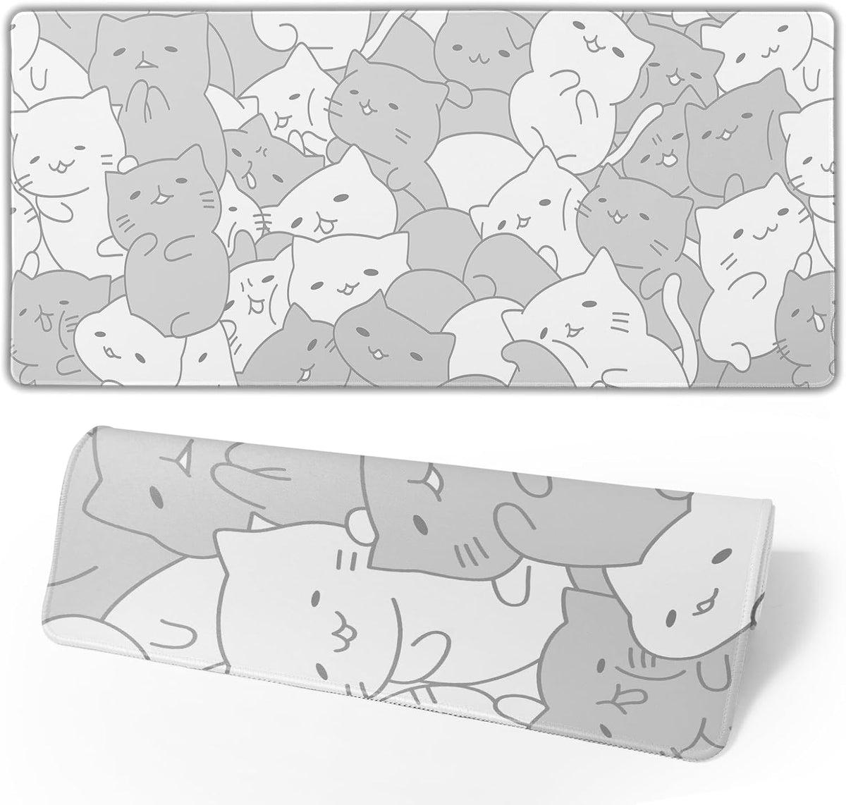 White Kawaii Cats E-Sport Mouse Pad Large Desk Mat Non-Slip Rubber Base Stitched Edge Keyboard Mouse Pad for Office Home E-Sport Computer Laptop, 31.5×11.8 Inches by Brecoy