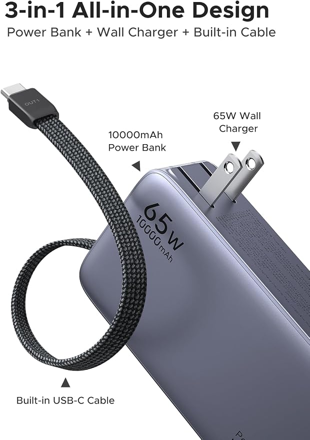 UGREEN 3-in-1 10000mAh 45W Power Bank with Foldable 65W Wall Charger | Foldable 65W wall charger. 3-in-1 potable charger, Built-in cable for iPhone 17/16, Galaxy S26/S25 - Image 2
