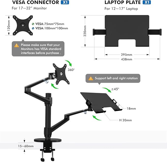 Viozon Monitor and Laptop Mount, 2-in-1 Adjustable Dual Arm Desk Mounts Single Desk Arm Stand/Holder for 17 to 32 Inch LCD Computer Screens, Extra Tray Fits 12 to 17 inch Laptops (Black) - Image 3